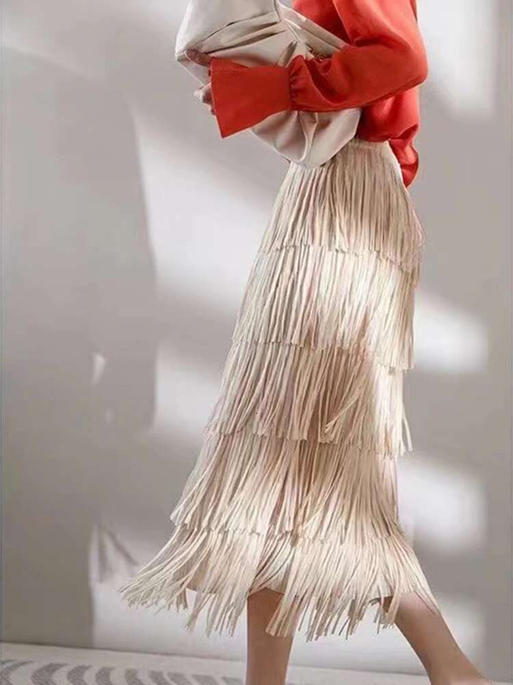 Pleated Tassel Long Skirts For Women High Waist Solid Color Ing Elegant Party Clothing 2025 Summer Autumn