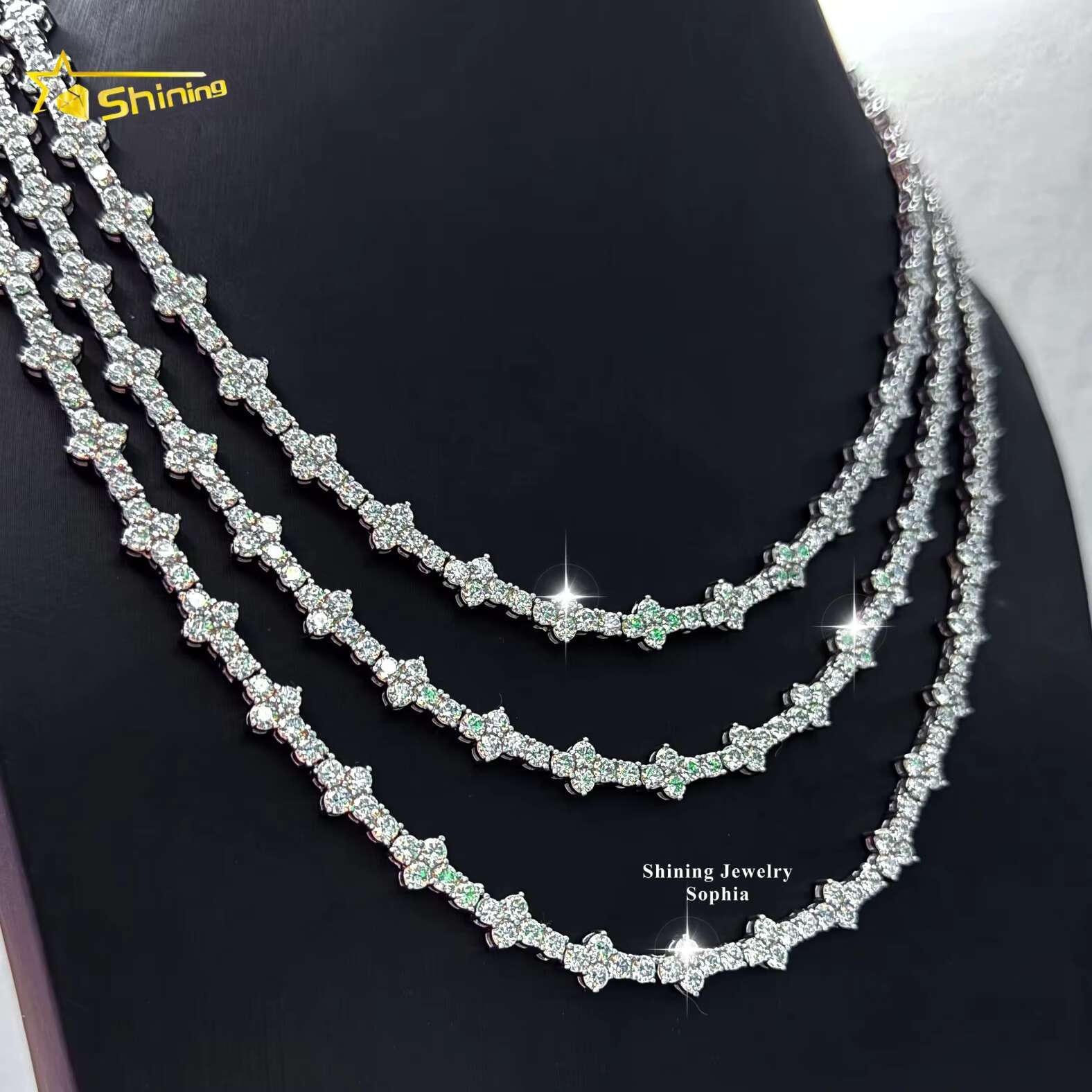 Hot Selling Hip Hop Moissanite Chokers Necklace S925 Silver Gold Plated 3mm VVS Moissanite Cross Tennis Chain