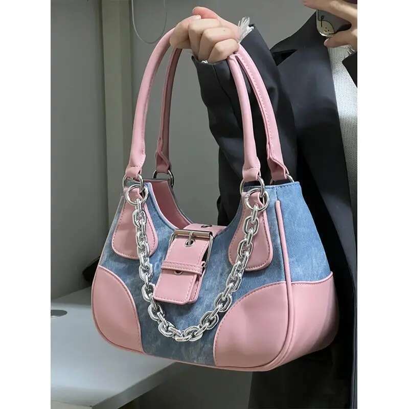 Y2k Pink Shoulder Bag For Women Designer Gothic Crossbody Handbag Chain Motor Style Cool Girl Denim Large Capacity New