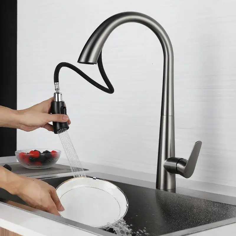 Kitchen Hot and Cold Faucet Pl-Out Stainless Steel Dual Outlet Sink Faucet Mixer Tap 360-Degree Rotatable Kitchen Faucet Y251104