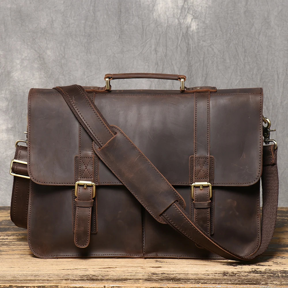 Retro Briefcase Crazy Horse Leather Men Cowhide Shoulder Crossbody Bag Large Capacity Genuine Leather Laptop Bag 250402