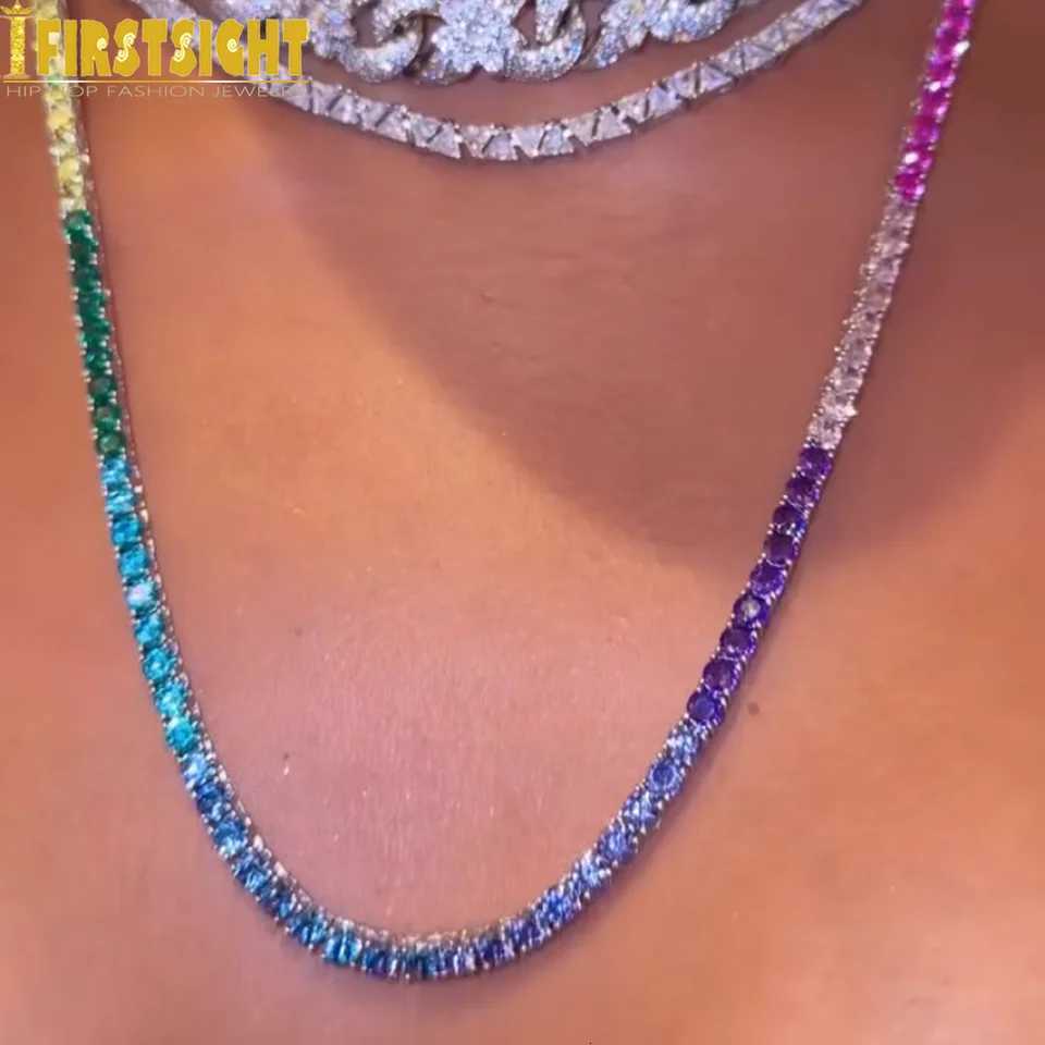 Iced Out Clustered Tennis Chain Necklace Hip Hop Rainbow Cubic Zirconia Silver Color Fashion Rock Women JewelryXJ251104