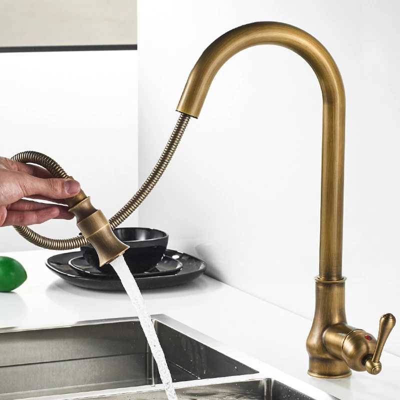 Hotaan Antique Brass Kitchen Faucet Single Hole Pl Out Spout Copper Kitchen Sink Mixer Tap with Stream Sprayer Y251104
