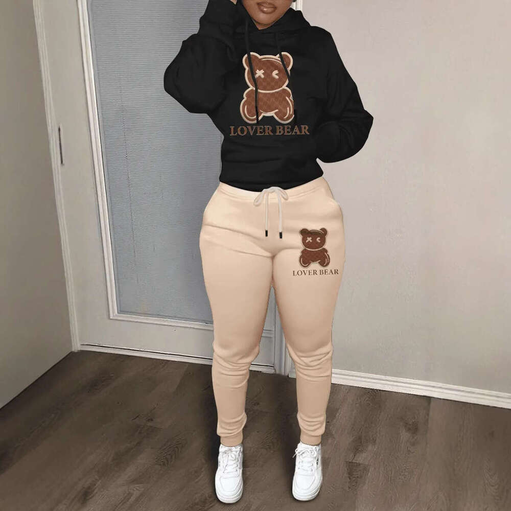 New casual hooded sweatshirt set with trendy bear head printed sweatpants set, European size sweatshirt, 2025 new style, chic and elegant clothing