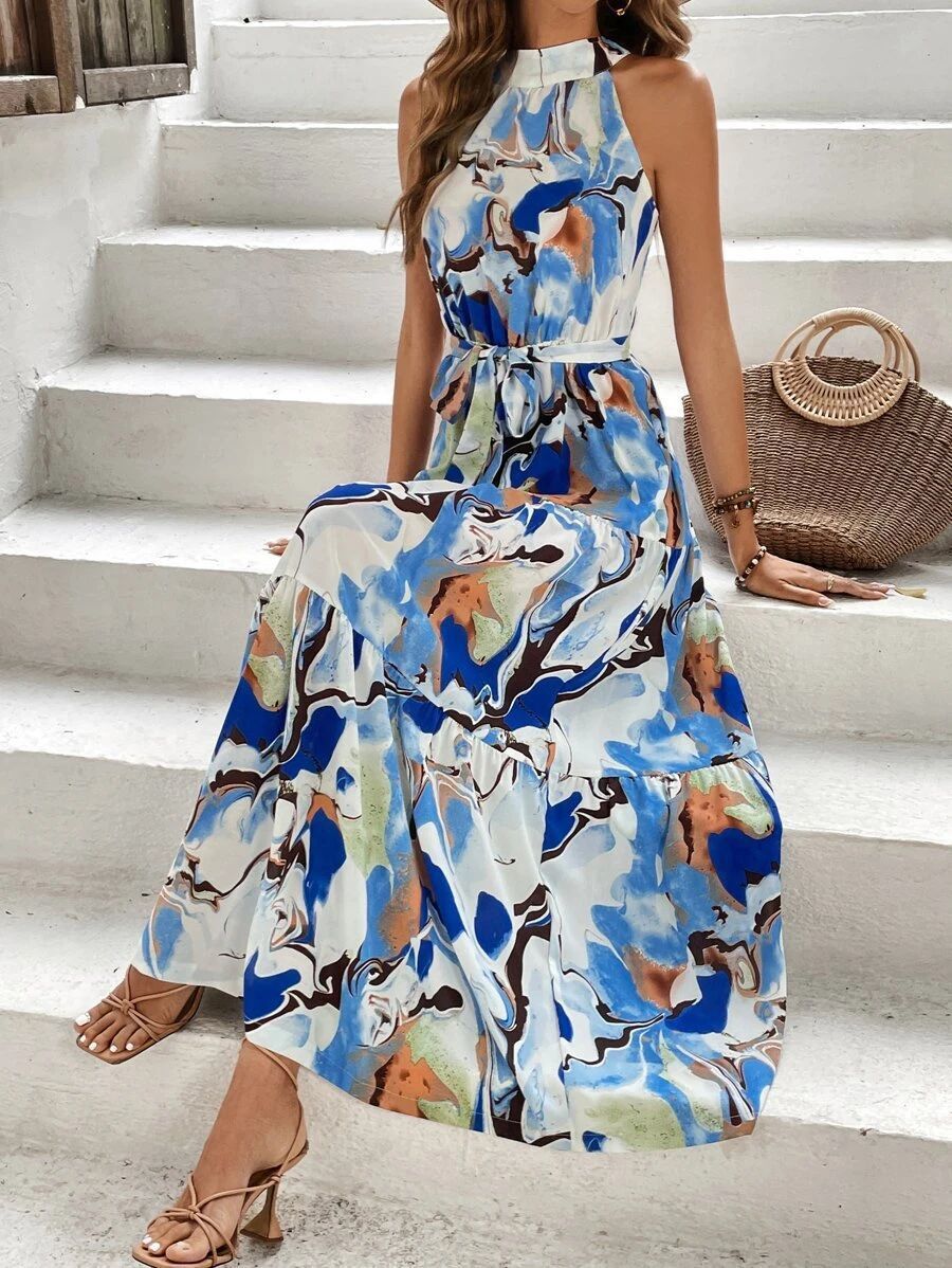 2025 Summer Womens New Bohemian Printed Sleeveless Large Swing Ruffle Edge Dress