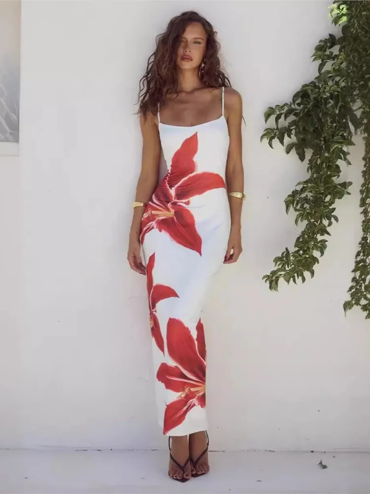 Floral print ultra-thin spaghetti strap dress womens sexy suit Hip Bodycon fashionable womens party club long dress 250328