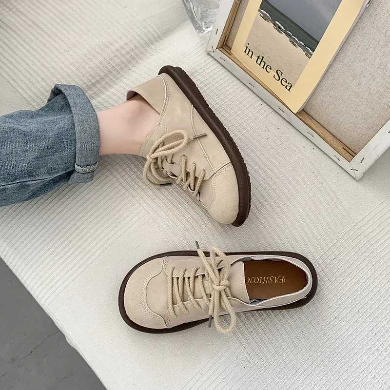 2025 Spring/Summer New Fashion Edition Round Toe Womens Soft Bottom Lace Top Casual Simple Splicing Flat Shoes Z250403