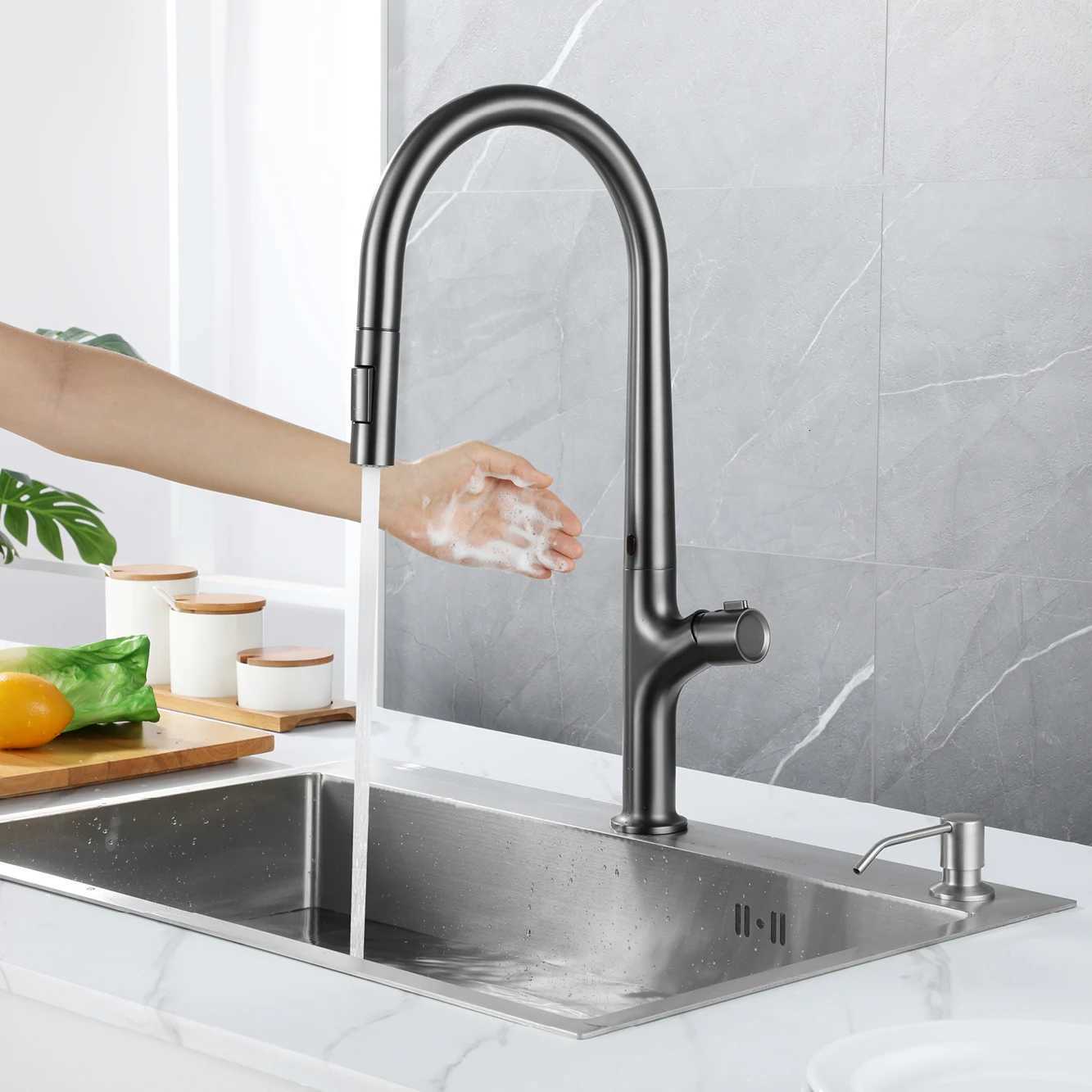 High-end gun gray brass kitchen faucet induction design single handle cold and hot dual control 2 function simple sink faucet Y251104