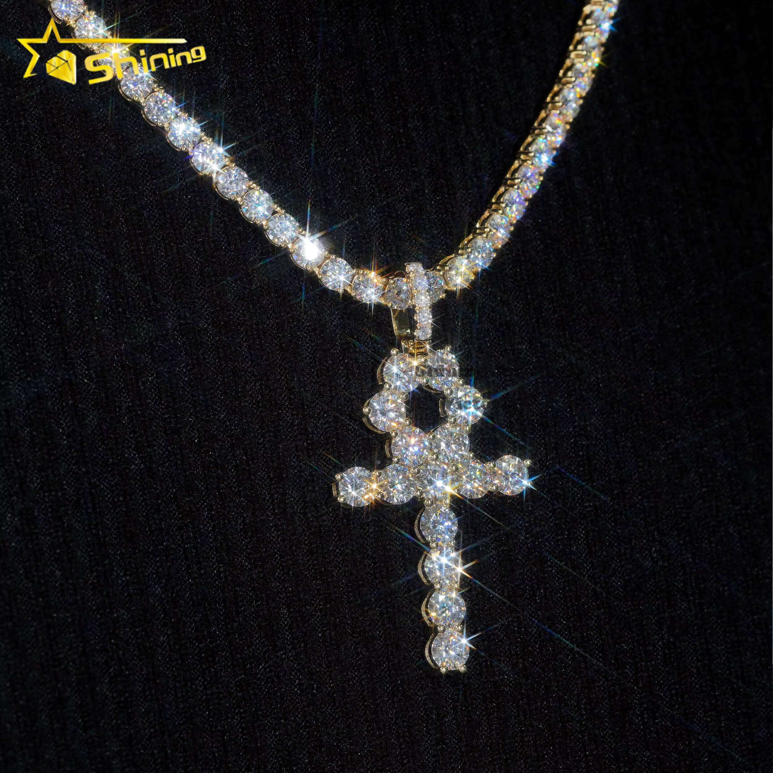Custom Top Quality Certified Tennis Chain Diamond Hip Hop Solid Gold Jewelry 10k 14k 18k Real Gold Vvs Moissanite Cross Pendant