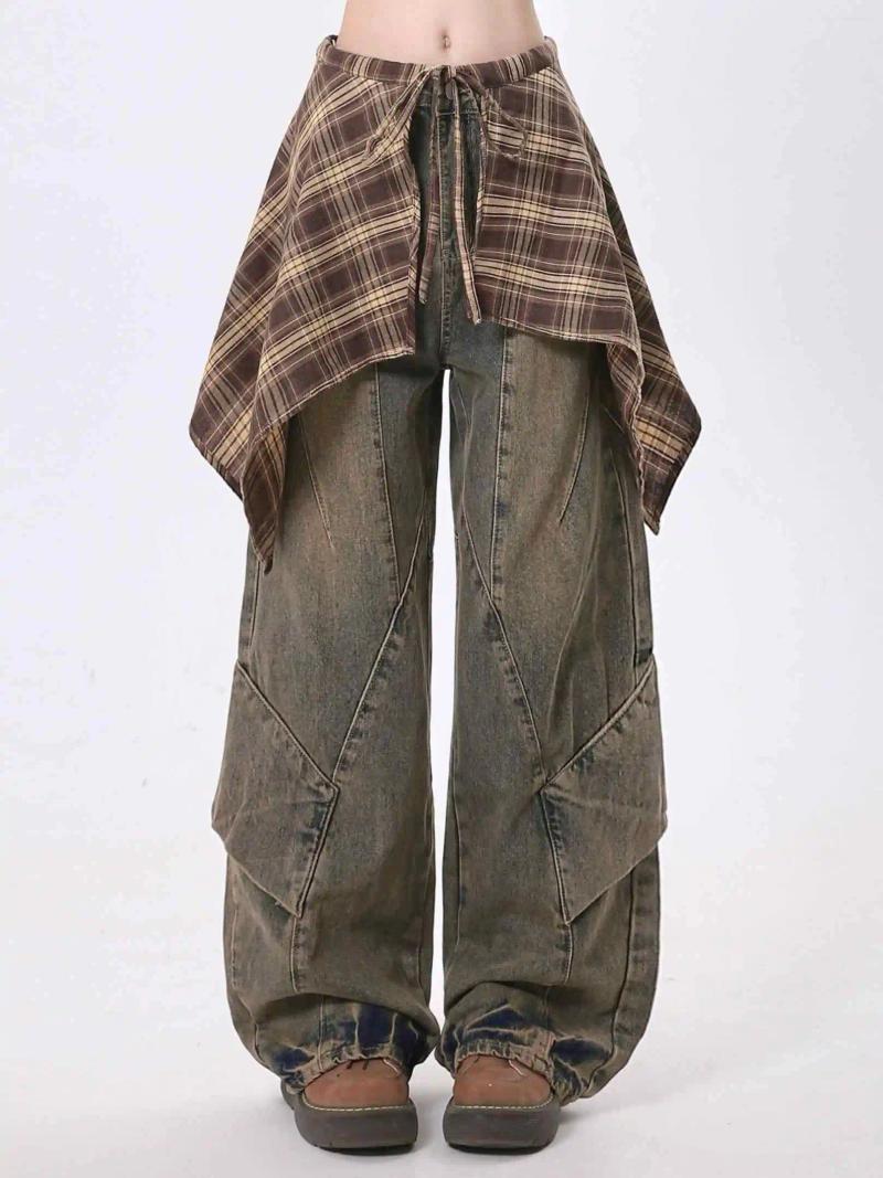 Women's Jeans Women Blue Y2k With Skirt Harajuku Vintage Baggy Denim Trousers Japanese 2000s Style Oversize Jean Long Pants Clothes Z260313