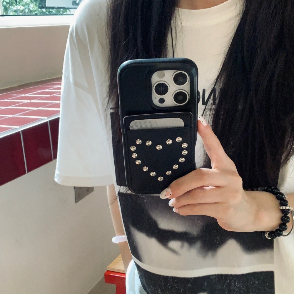 Rivet Heart Solid Color Card Holder Phone Case Compatible with iPhone 17/16/15 Pro Max iPhone 14/13 Pro Niche