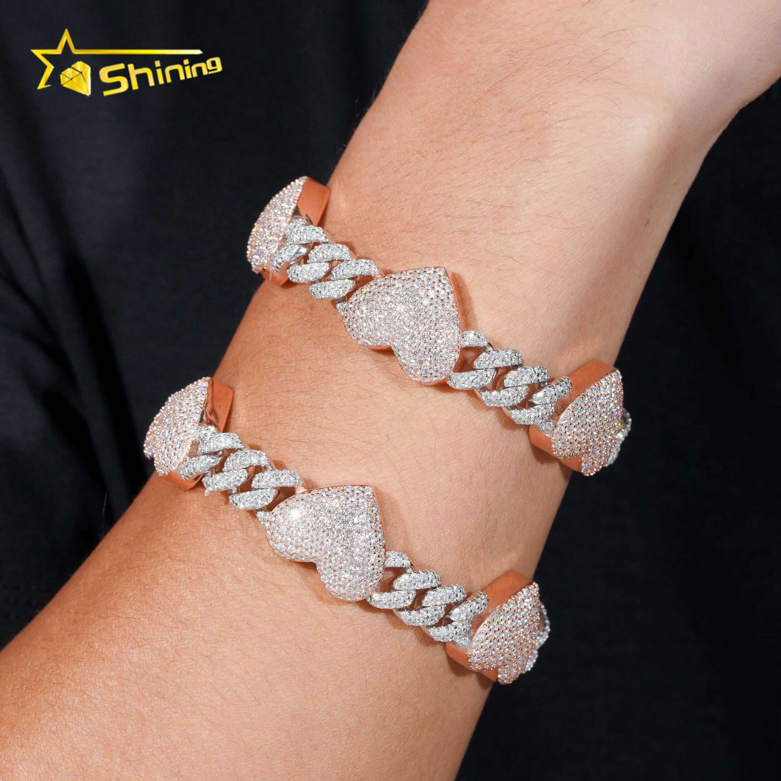 Hot Sale Design Heart 925 Sterling Silver Pass Diamond Tester Moissanite Heart Cuban Bracelet HipHop Jewelry Dropshipping