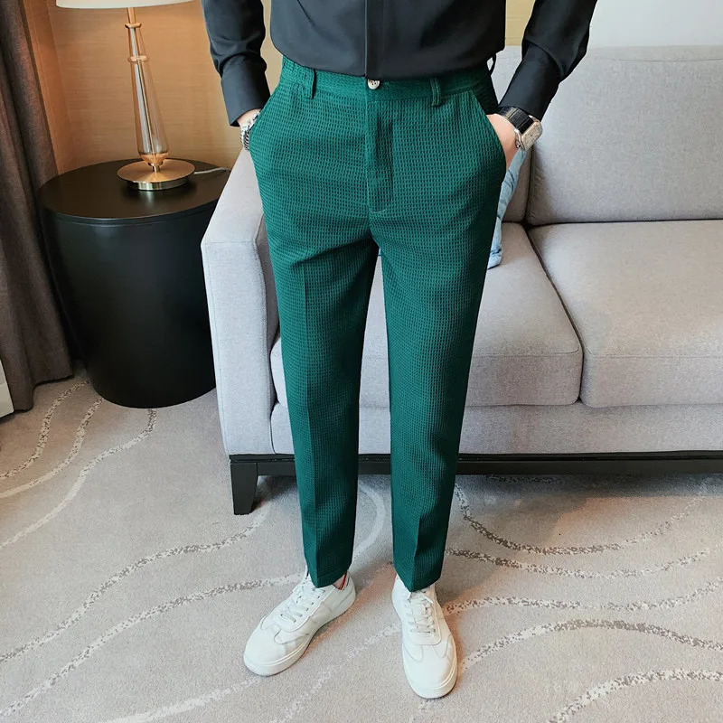 Autumn Waffle Elastic Waist Business Formal Pants Mens Fashion Wedding Ultra Thin Trouser Mens Social Party Set Pants 250402