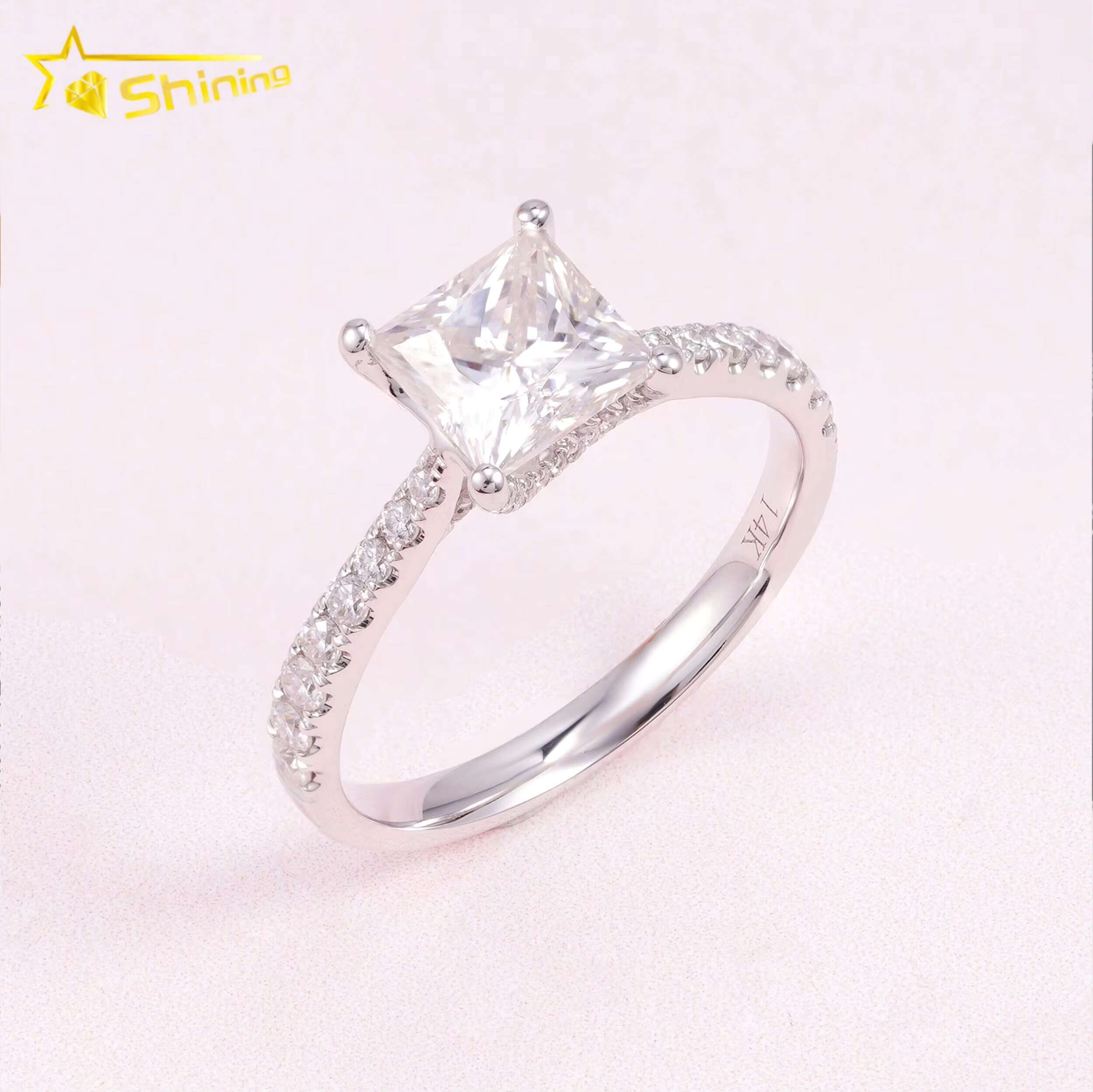 Pass Diamond Tester Classic 1ct Princess Cut VVS Moissanite Engagement Ring 14K Solid White Gold Wedding Women Ring