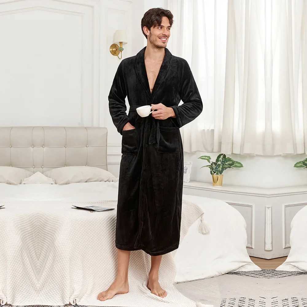 Winter Homewear Bathrobe Gown Shower Solid Color Sleepwear with Pocket Mens Robe Flannel Kimono Nightwear Loose Loungewear C251104