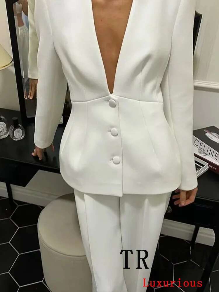 TRAFZA Vintage Chic Office Lady Solid Women Suit Single Breasted Blazer Straight Loose Pants New Fashion 2025 Autumn Winter Sets