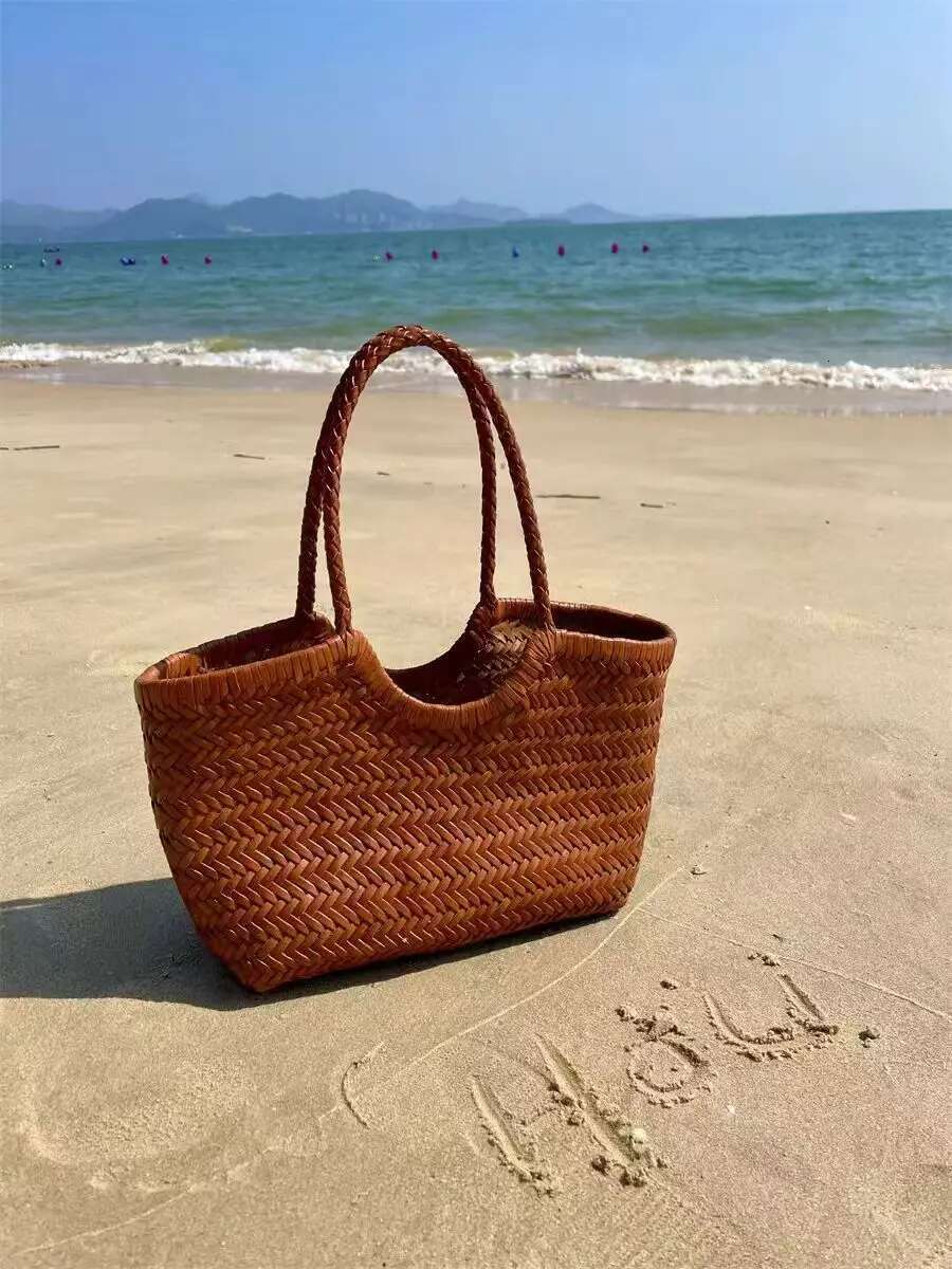 New For Women's Spring And Summer French Retro Tote Bag Genuine Leather Braided Vegetable Basket Ins Style Irregular Shoulde