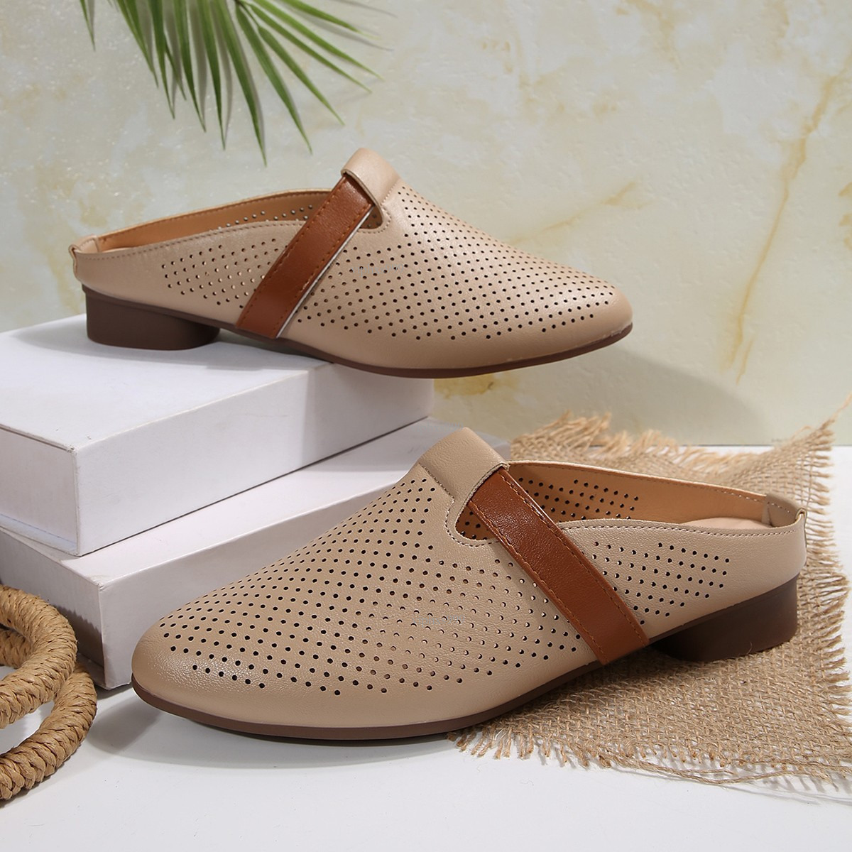 New Designer Sandals With Free Shipping French Breathable Hollow Half Women 2025 Summer Soft Leather Round Toe Cool Slippers For Lazy People Low Heele