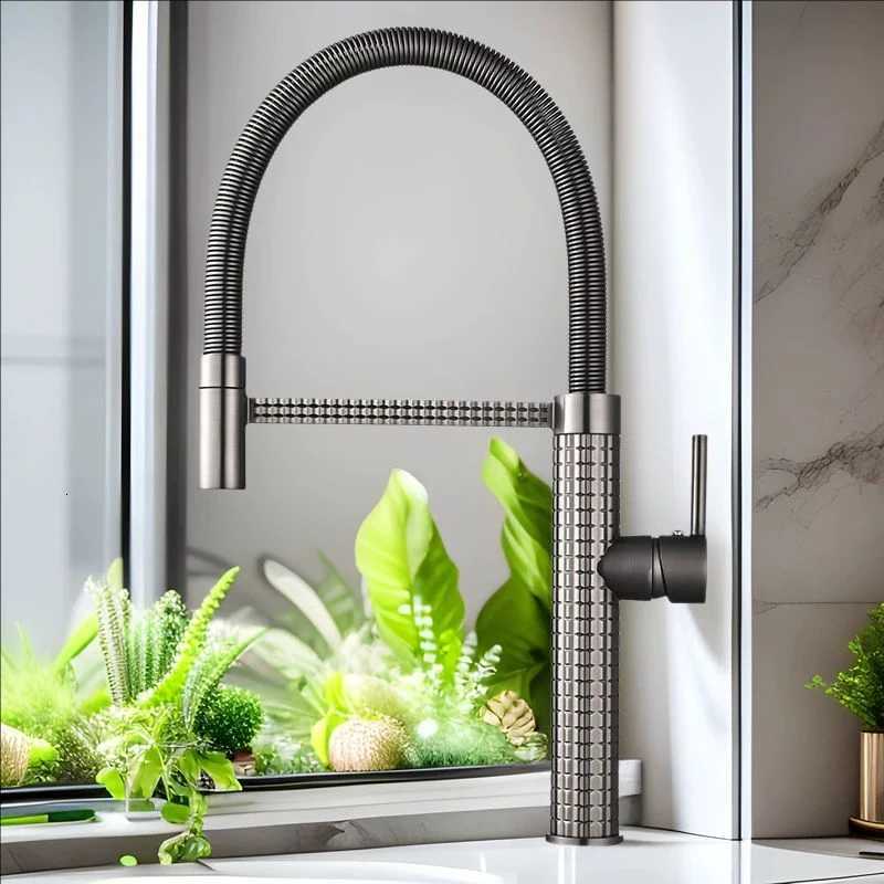 Black Spring Kitchen Faucet Pl Down Handheld Shower Kitchen carved Mixer Crane Hot and Cold rubber tube Taps Gray Chre B Y251104