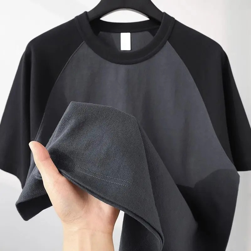 Classic 300g heavy-duty contrasting patch work short sleeved T-shirt womens loose round neck half sleeved top 250403