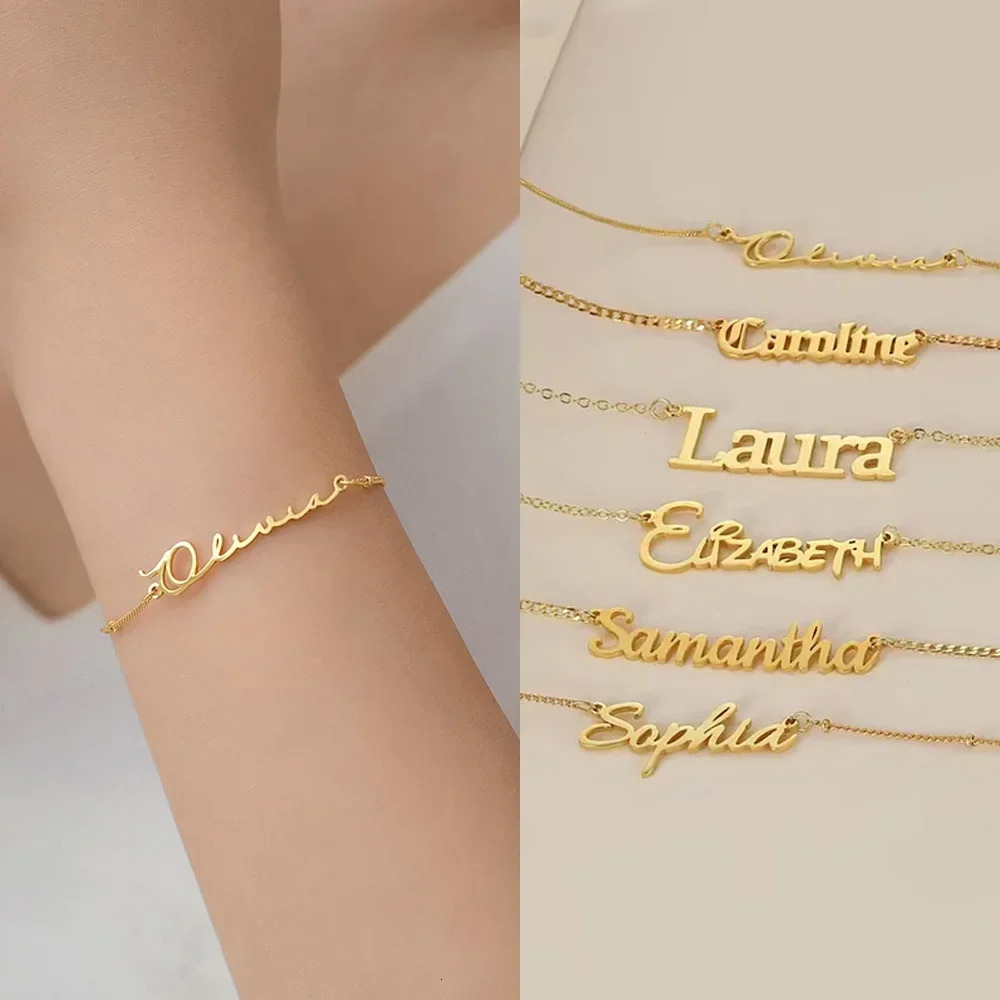 Customized Name Bracelet for Women Stainless Steel Cross Chain Personalized Letters Pendant Nameplate Gold Bracelet Jewelry Gift 250327