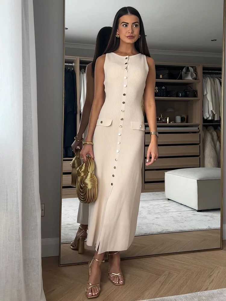 Womens Knit Cardigan Dress 2025 Summer Elegant Lady Long Dresses Solid Single Breasted Slveless Bodycon Female Vestidos X250403