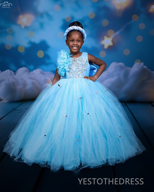 2025 Aso Ebi Blue Flower Girl Dresses Children Birthday Dress Illusion Sheer Neck Rhinestones Beaded Lace Tiered Tulle Princess Queen Ball Gown For Ma