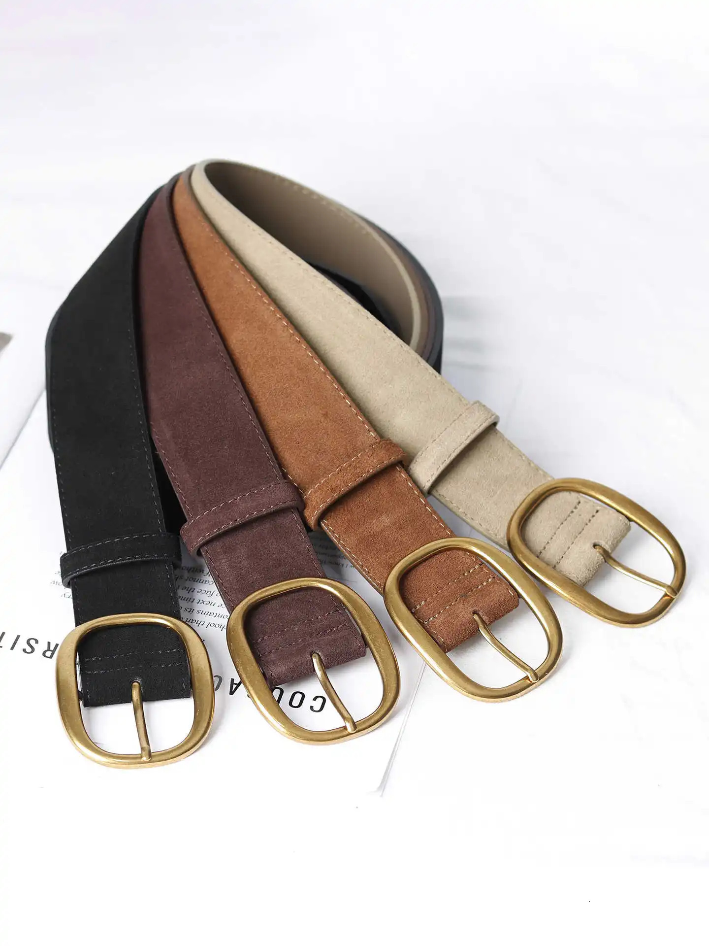 45cm Wide Women Belts Vintage Suede Cowhide Belt Gold Oval Buckle Skinny Waistband Genuine Leather Belt for Dresses 251104
