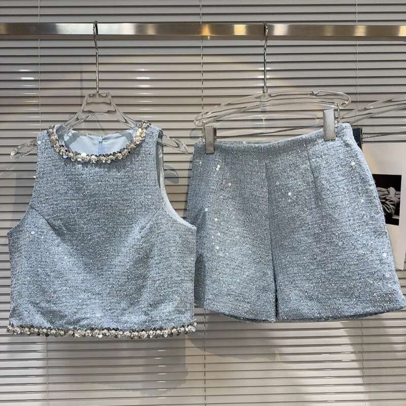 PREPOMP 2024 Summer New Arrival Sleeveless Sier Sequins Embroidered Beadings Vest Tweed Shorts Two Piece Set Outfits Gr649