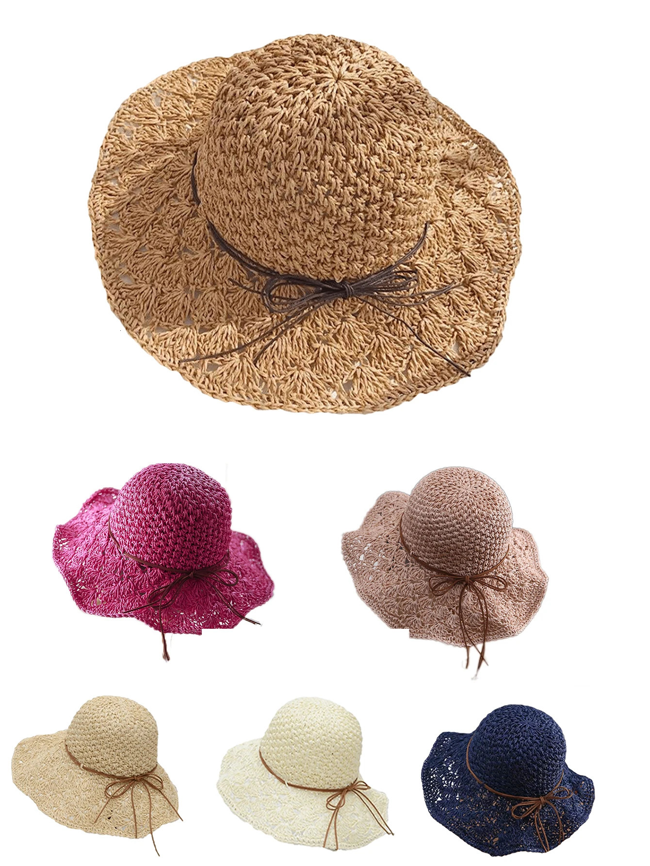 Women Summers Straw Hat Handmade Fashion Bowknot Foldable Sunscreen Panama Wide Brim Outdoor UV Sun Portect Beach Cap Girl 250326