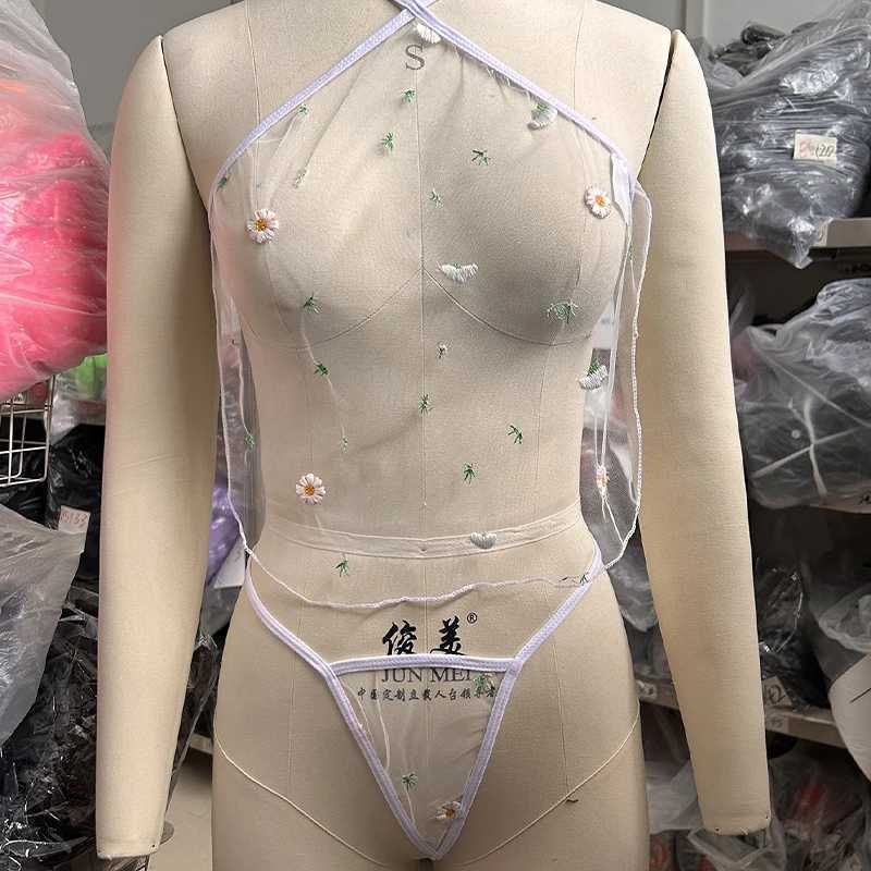2024 Tempting Embroidery Floral Mesh See-Through Look Body Sexy Lingerie Adjustable Lace Up Top Seductive Exotic Thong Porn SetXJ251104
