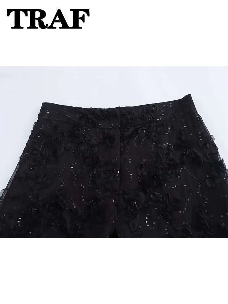 TRAF Elegant Sets Solid Color Sequin Decorative Semi Transparent Pants Wer Texture Blazer Top Set For Women 2 Piece