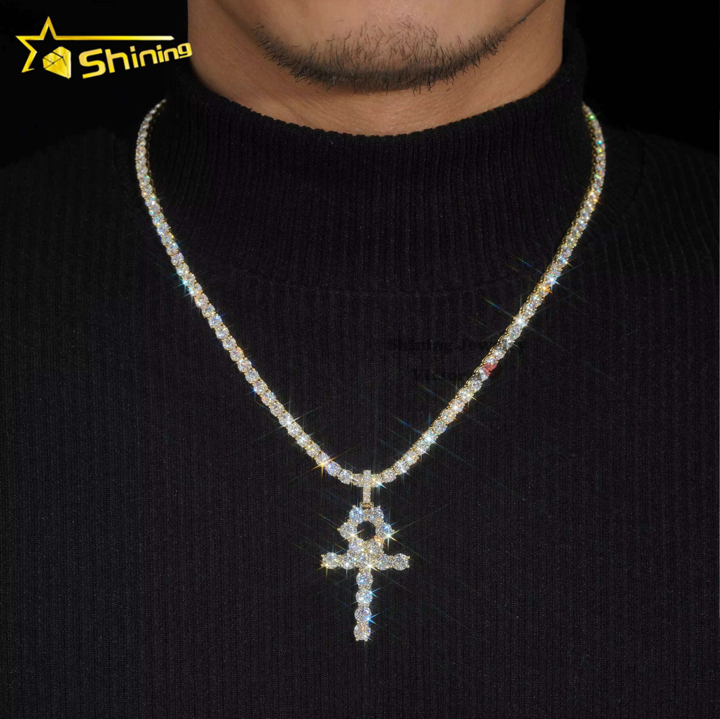 Custom Top Quality Certified Tennis Chain Diamond Hip Hop Solid Gold Jewelry 10k 14k 18k Real Gold Vvs Moissanite Cross Pendant