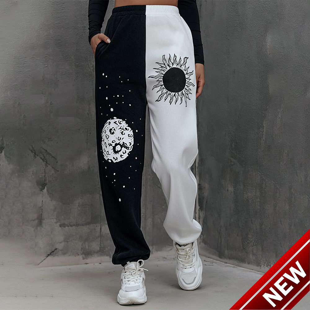 2025 autumn and winter new Tai Chi picture hot stamping loose sports pants with black and white pocket splicing fleece pants for women
