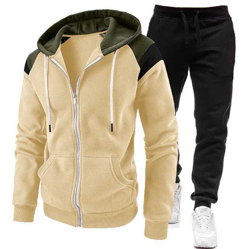 New autumn and winter velvet mens color blocked zipper hooded sweatshirt sweatpants casual sports suit J251104