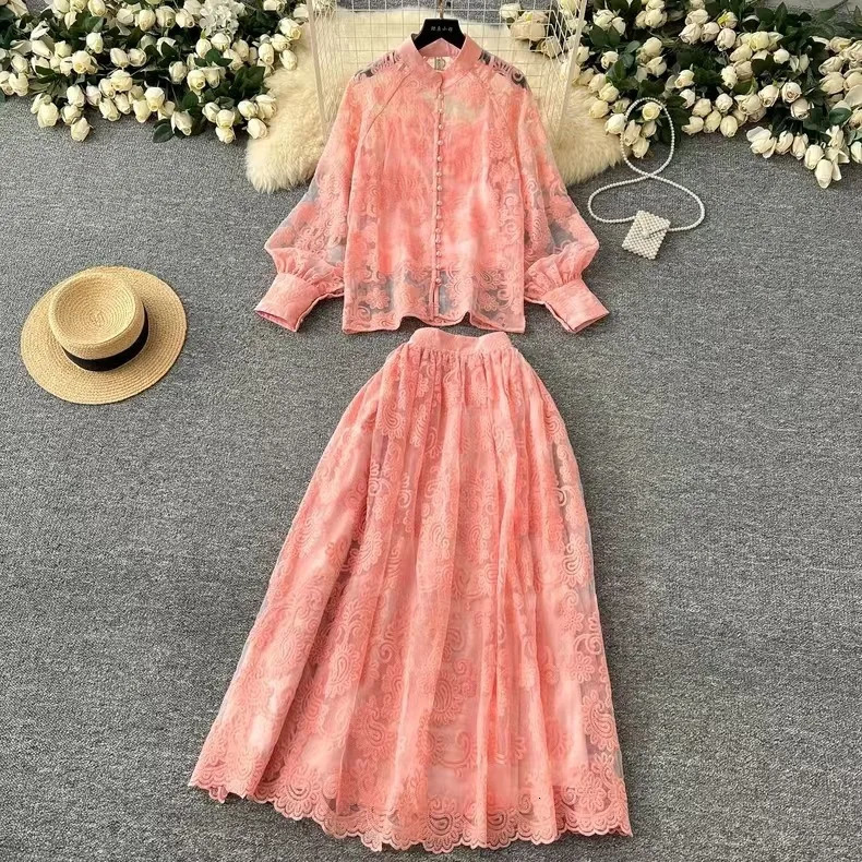 Elegant 2 Piece Long Dress Women Skirt Set Summer Autumn Flower Embroidery Hollow Out Lace Shirt A Line Midi Skirt Party Dresses 250403