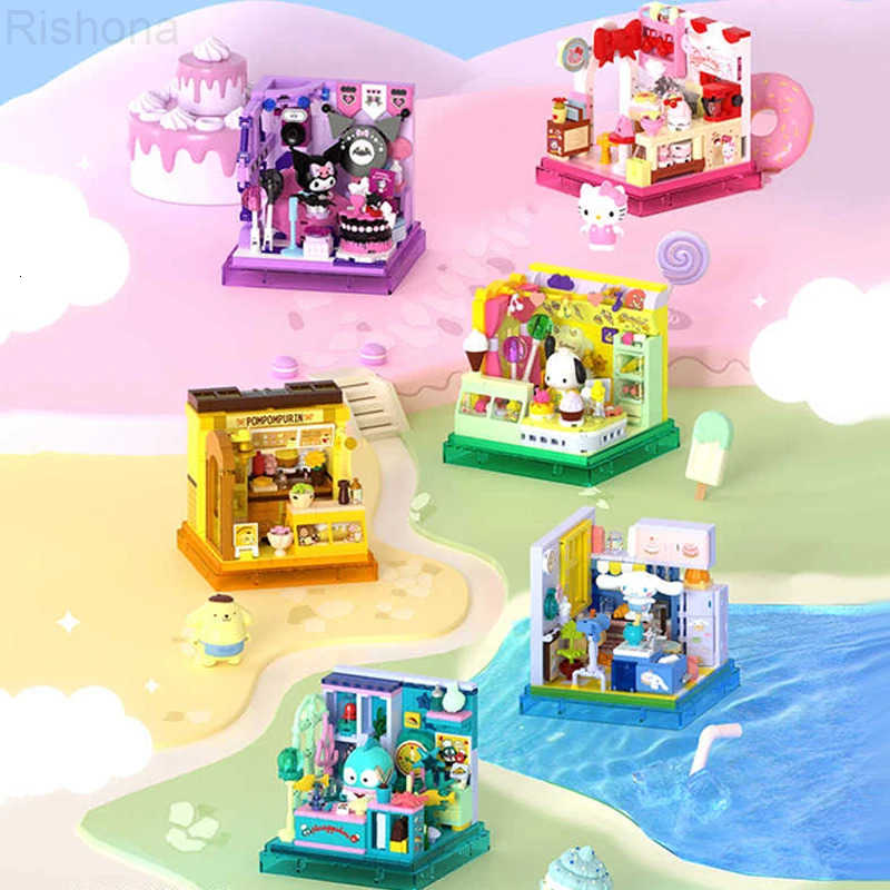 Sanrio Building Blocks Hellokitty Kuromi Bakery Dessert House Ocean Restaurant Shop Model Brick Desktop Display Adult Collection H251104