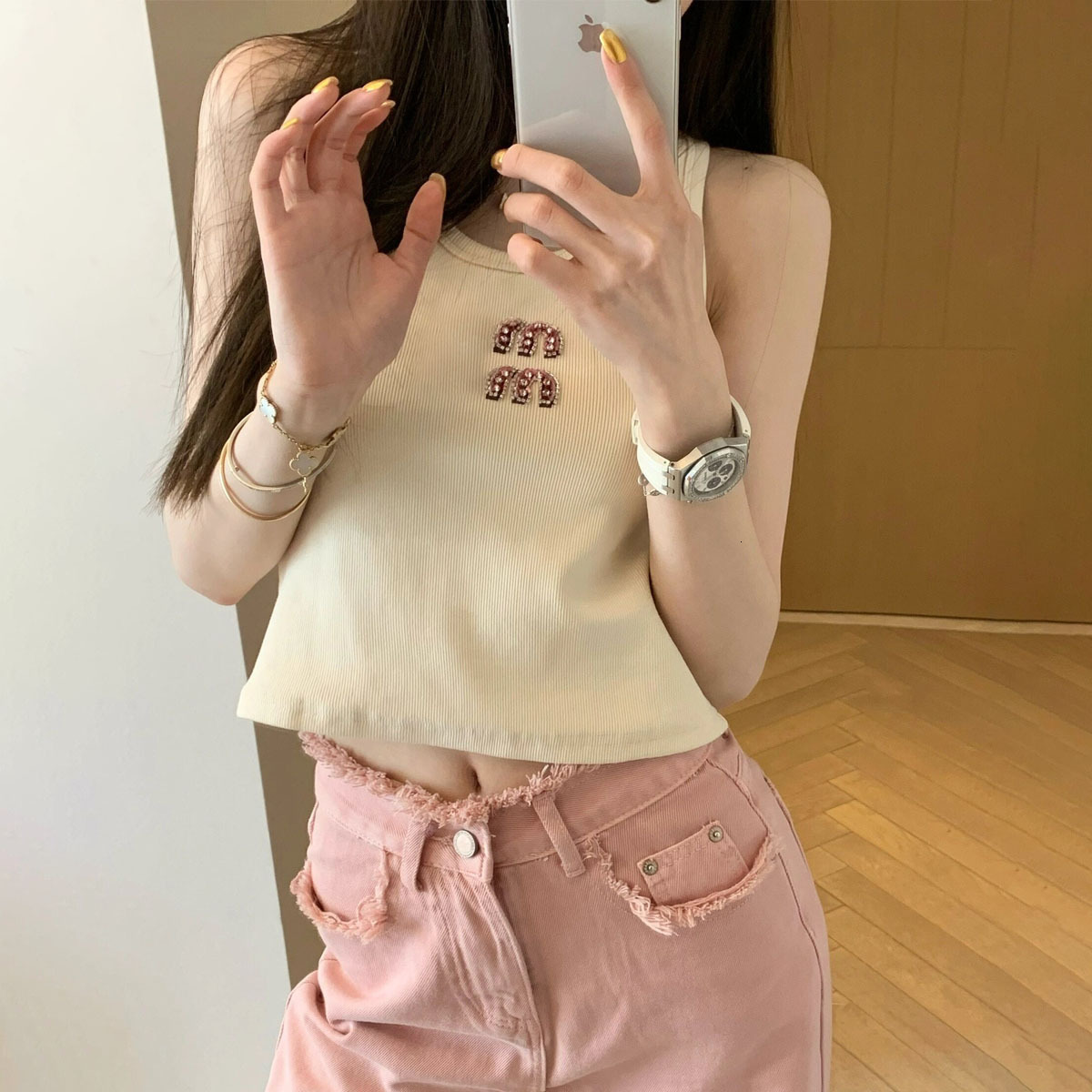 MM limited edition short vest women's beige color diamond exposed navel outfit simple and versatile trendy brand basic suspender bottom