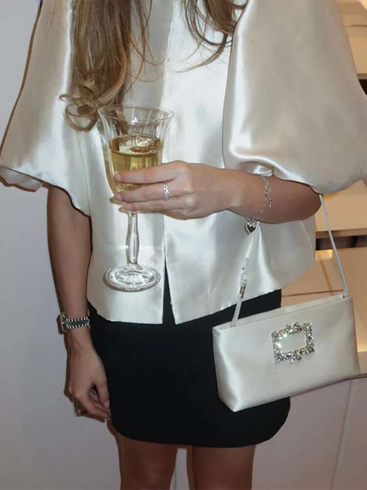 Satin Puffed Sleeves Short Top Loose Bubble Sleeved Round Neck Shirts Solid Color Female Blouse Spring Summer Women's Clothing