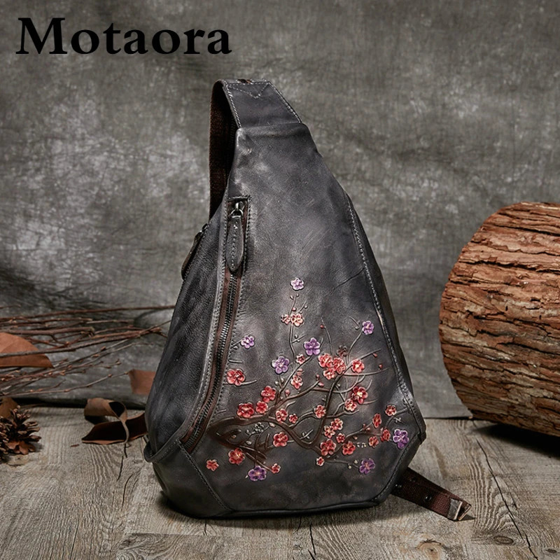 MOTAORA Vintage Embossed Women Backpack Genuine Leather Ladies Floral Chest Bag Handmade Backpacks Bags For Female Womens 251104