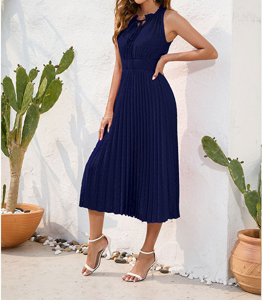 2025 Summer Fashion Round Neck Drawstring Strap Hundred Fold Medium Length Womens Dress