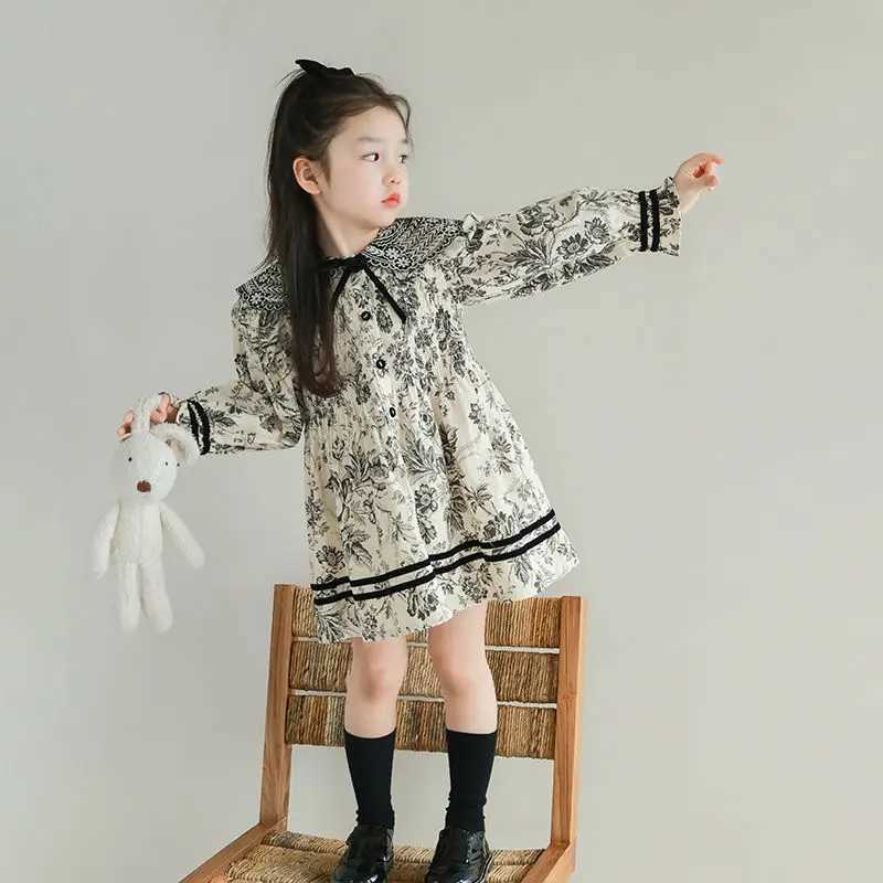 Girls Spring Autumn Dress Embroidered Floral Fashionable Long Sleeve Dress Stylish Peter Pan Collar Autumn Dress C251104