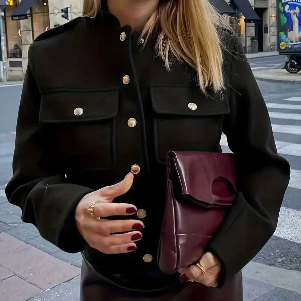 Fashion Button Bomber Jacket For Women 2025 Autumn Winter Stand Neck Coat Single Breasted Pocket Jackets Lady Casual Chic Coats J2511241