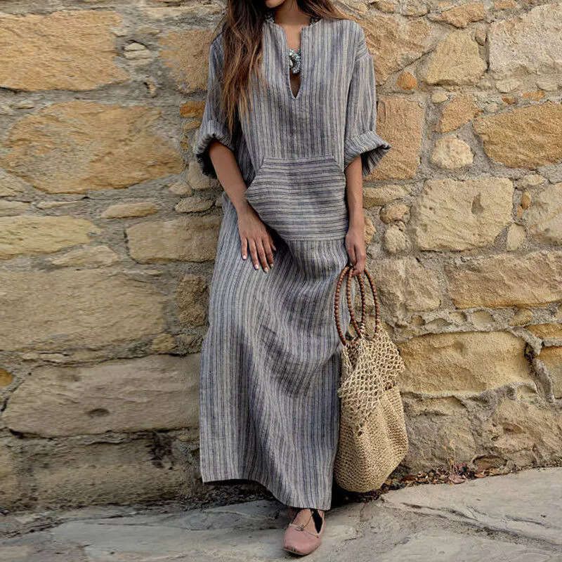 Popular European American cotton and en yarn dyed striped loose dress with versatile temperament in 2025, new trendy clothing ins