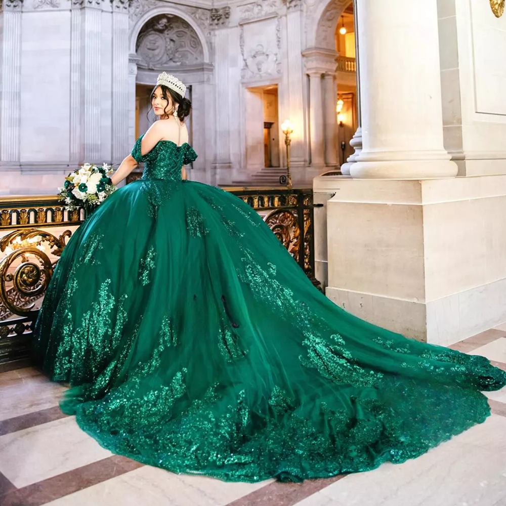 Dark Green Floral Crystal Sequined Ball Gown Quinceanera Dresses Sweetheart 3D Flowers Ruffles Corset Sweet 15 Vestidos De Anos