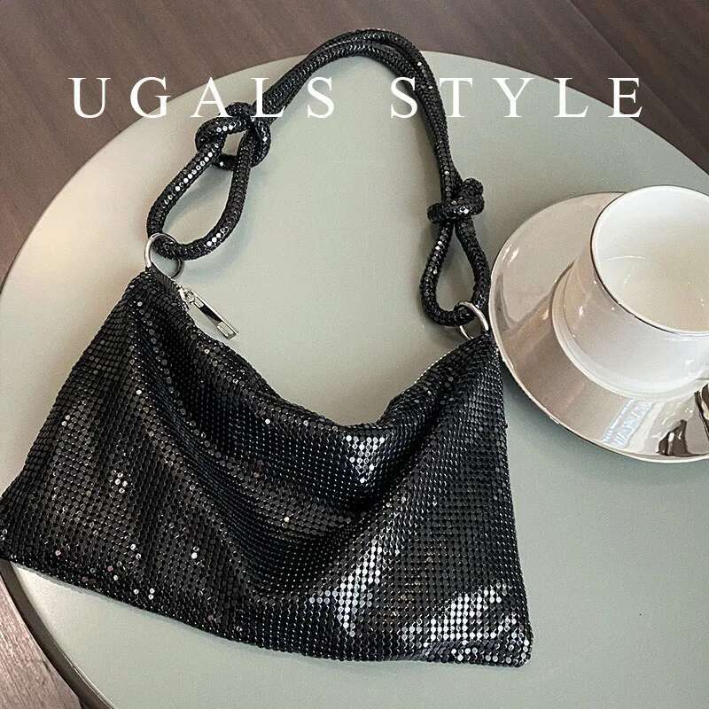 Fashion Metal Mesh Women Shoulder Bags Designer Gold Handbags Shinny Knot Strap Evening Bag Glitter Large Tote Party Purse 2023