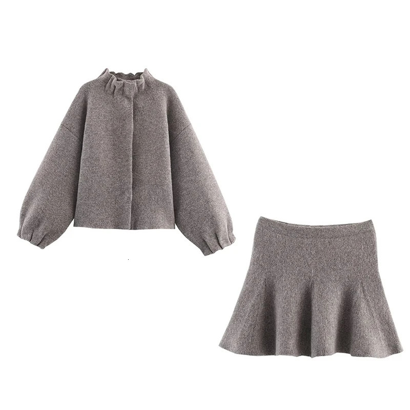 YENKYE Elegant Gray Knit Mini Skirt For Women Elastic Waist A-line Autumn Winter Skirts 251104