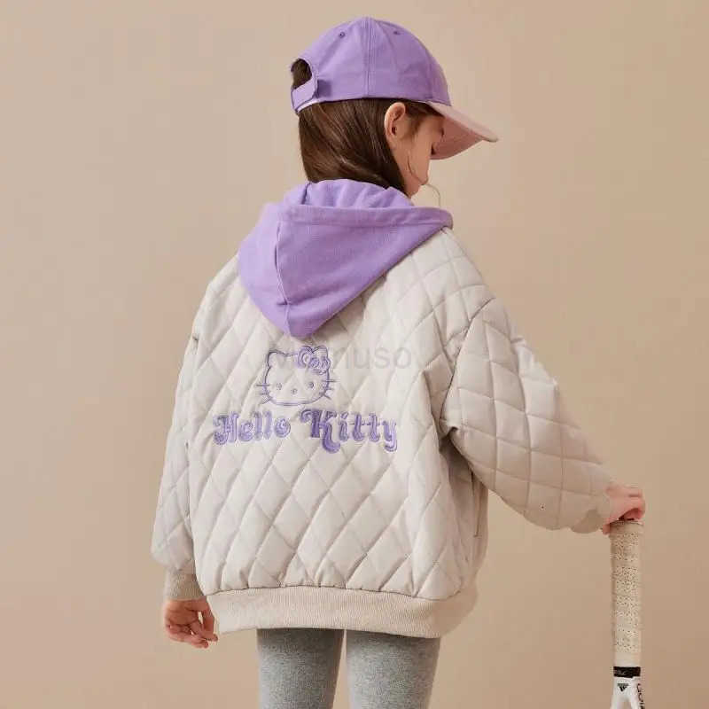 Sanrio Hot Hello Kitty Girl Cotton Clothes Winter Two Fake Pieces Cotton Coat Thicken Kawaii Hooded Coat Cartoon Fashion Jacket H251104