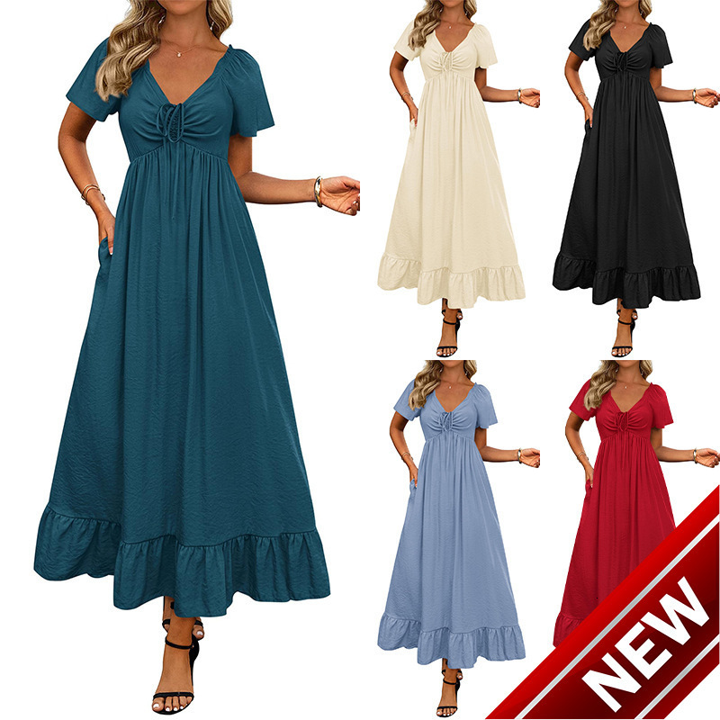 2025 New Fashionable Casual and Elegant V-neck Lace up Large Swing Dress for Womens Summer Style