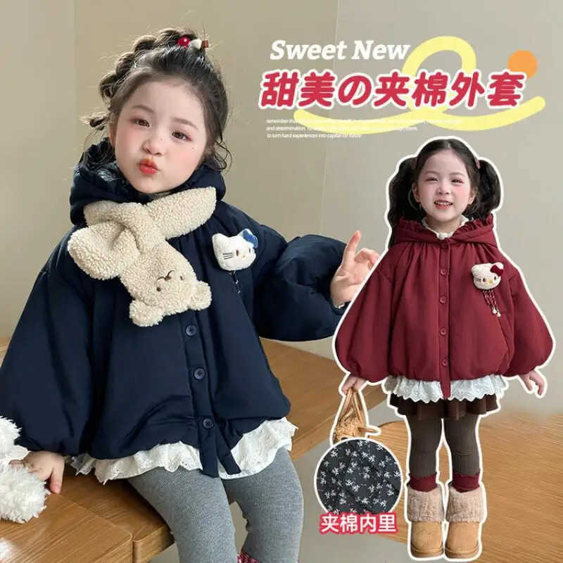 Sanrio Hello Kitty Girl Cotton jacket Kawaii Fashion Winter Student Casual Zipper Keep Warm Thickening Tops Lace Childrens Clothing H251104